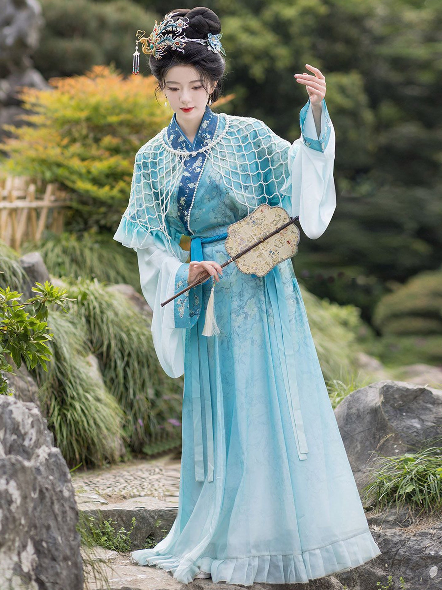 blue mesh oriental dress Ethereal Hanfu Set with Shawl Wedding Dress Samples The defining detail is Yours Women's Plus Size COLOR:BLACK W/SHINY BRASS BUCKLE