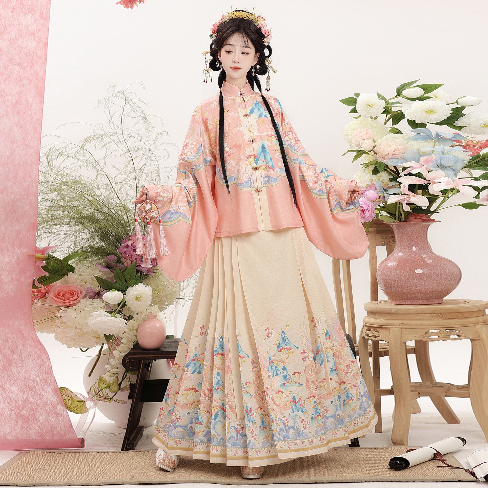 Ornate Ming Dynasty Mamian Skirt with Front Opening