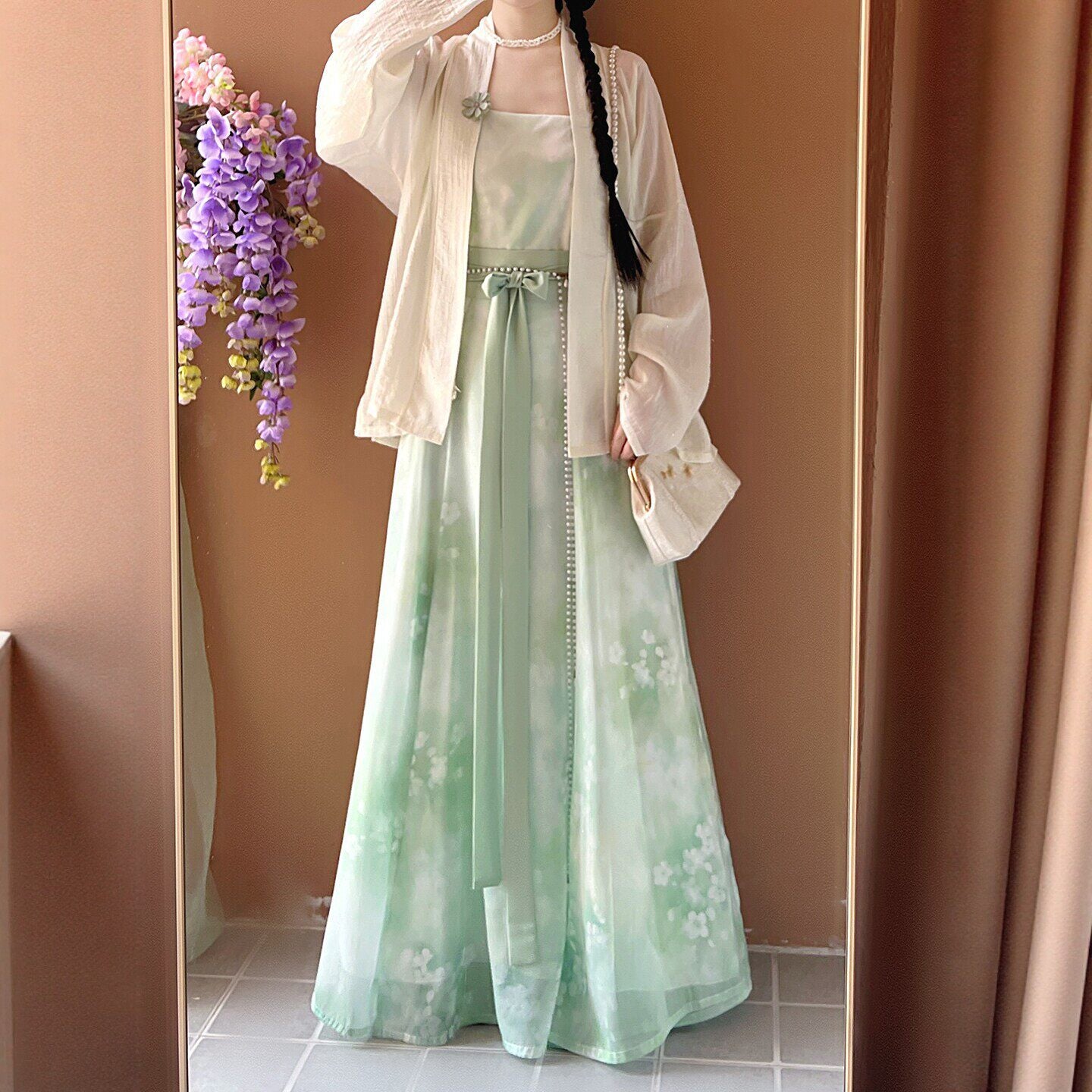 Chinese Style Cross-Front Short Top and Eight-Panel Skirt Hanfu 3-Piece Set