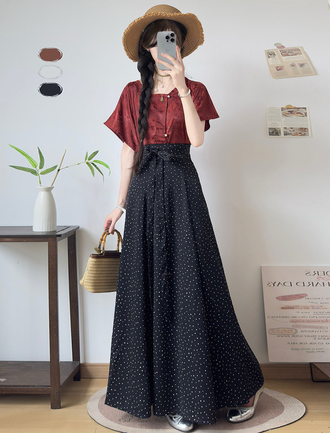 Modern Modified Hanfu Jacquard Short Sleeve Eight-Panel Skirt, Slimming Daily Commute Wear