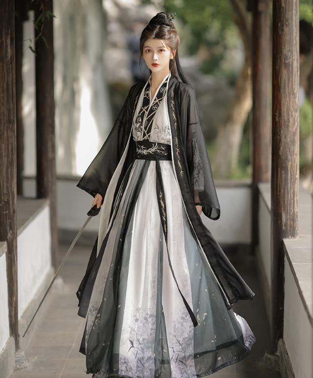 Unisex Waist-High Skirt in Black Wuxia Ink Wash Style