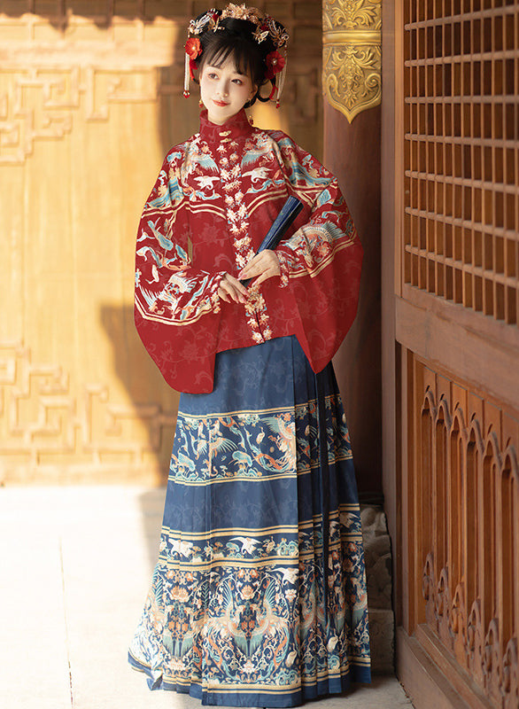 Stand-collar Short Jacket with Pipa Sleeves and Mamian Skirt