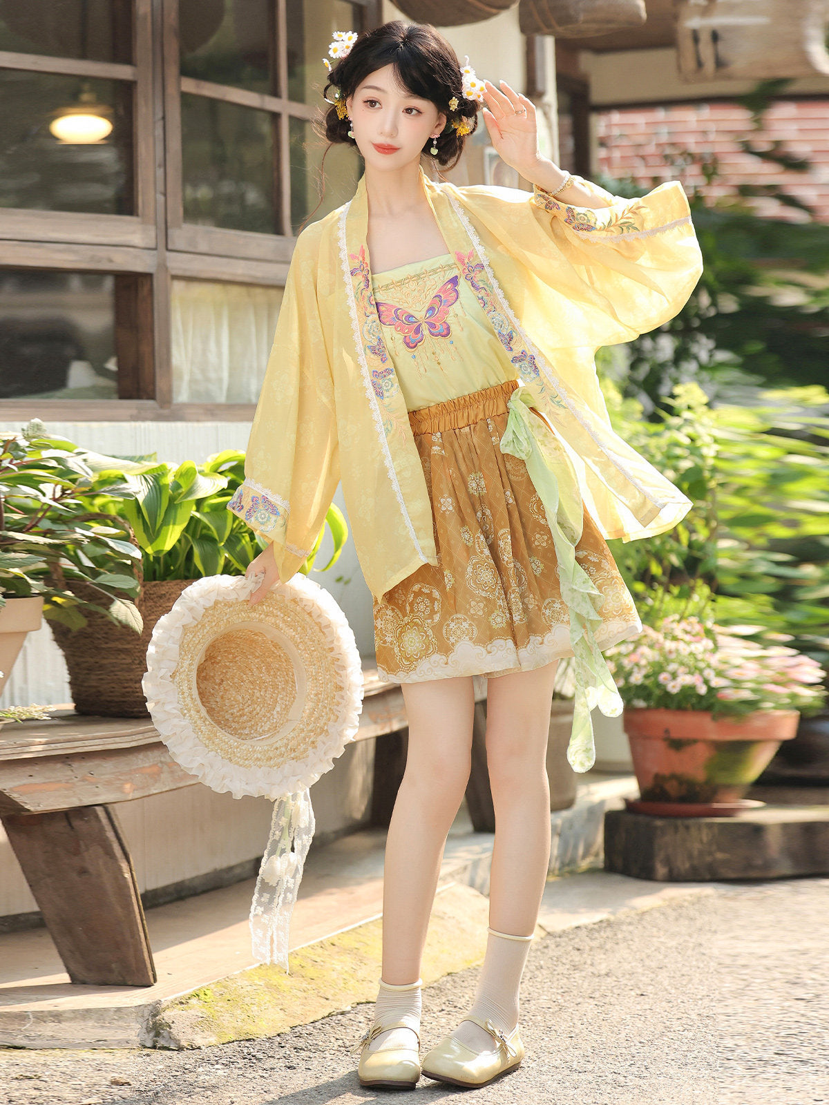 Neo-Chinese Style Butterfly Embroidered Printed Sweet Modified Hanfu 3-Piece Set