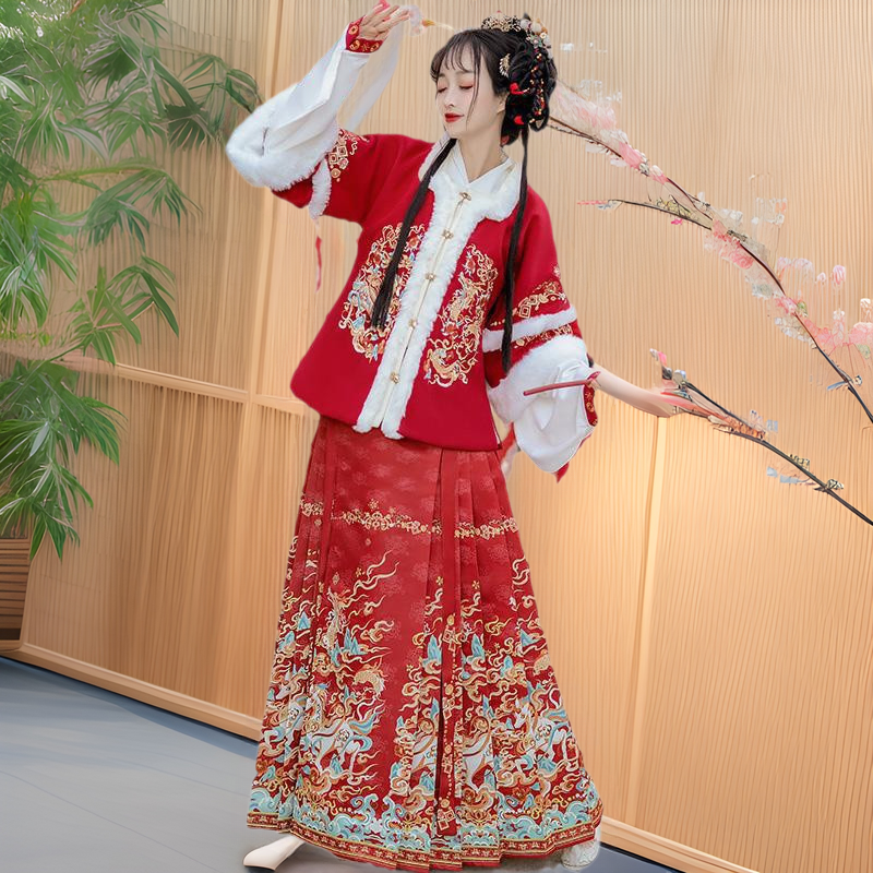 Aoqun Skirt Set, Autumn/Winter Improved Thickened New Year Outfit, Mamian Skirt