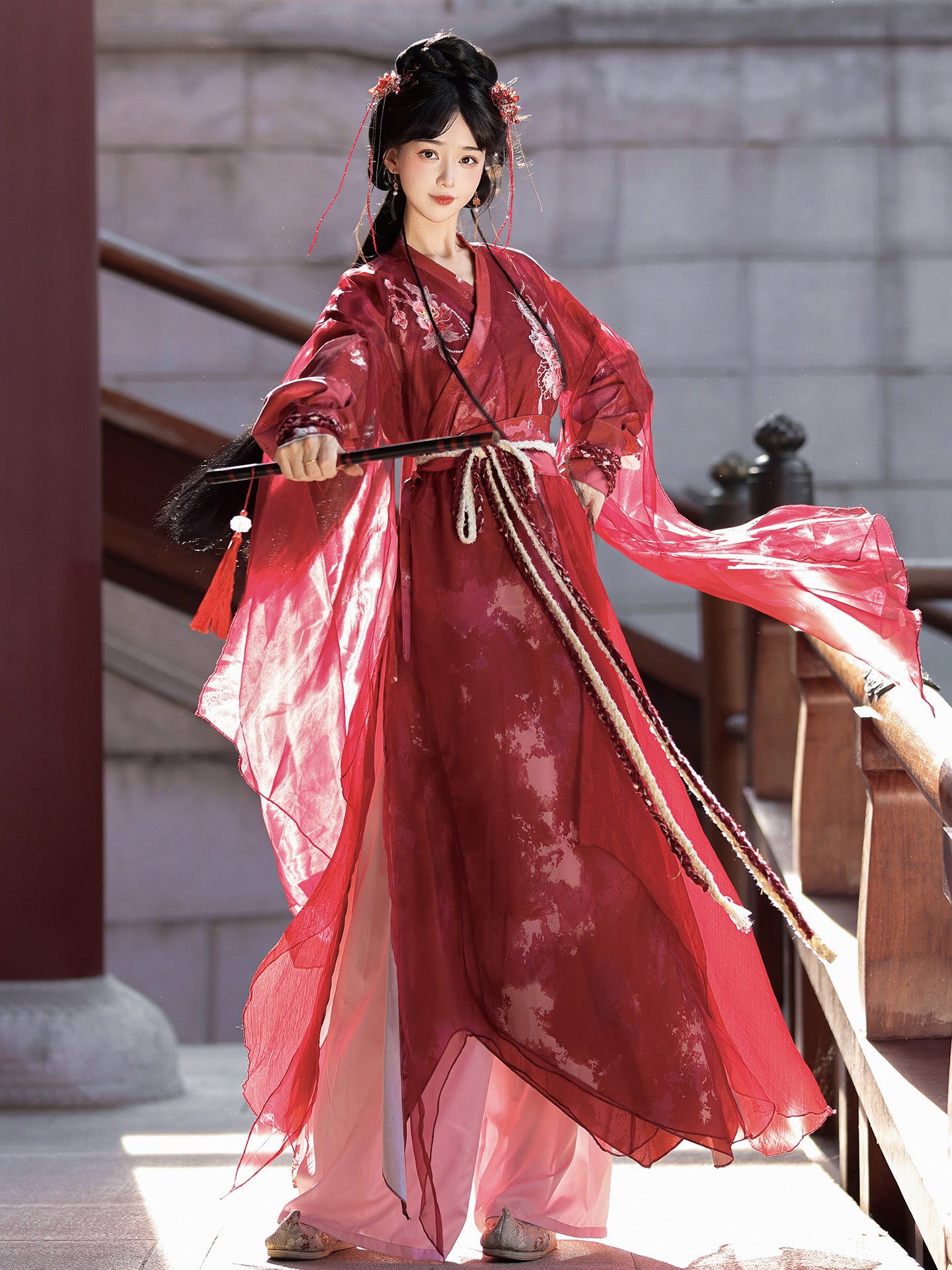 Red Long Shirt with Waist-High Ruqun, Modernized Wuxia Style, Ethereal and Flowing