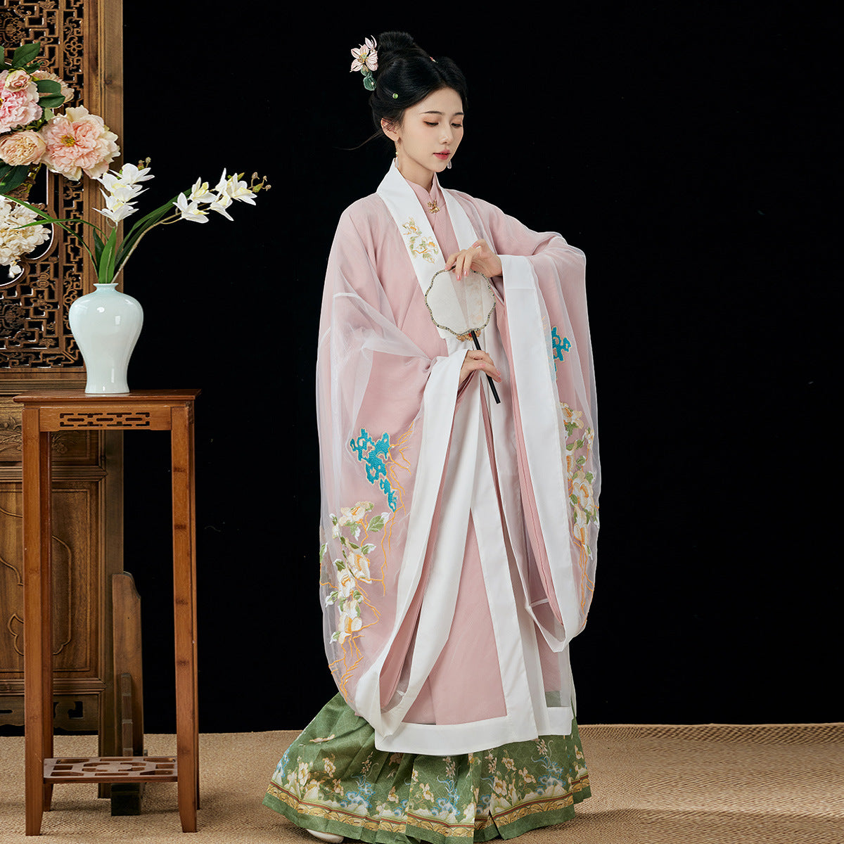 Embroidered Set: Stand-Collar Long Jacket, Cape, and Mamian Skirt