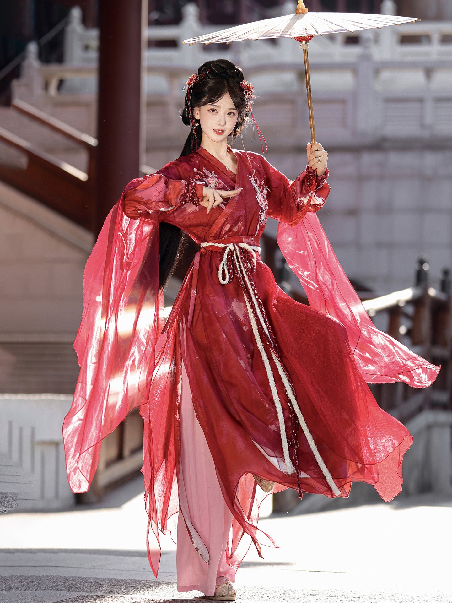 Red Long Shirt with Waist-High Ruqun, Modernized Wuxia Style, Ethereal and Flowing