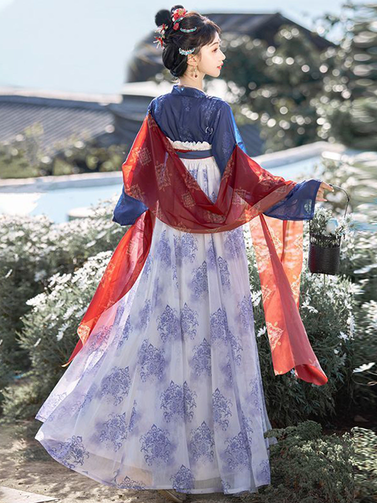 Original Hanfu Blue and White Porcelain Traditional Chinese Style Embroidery Group Set