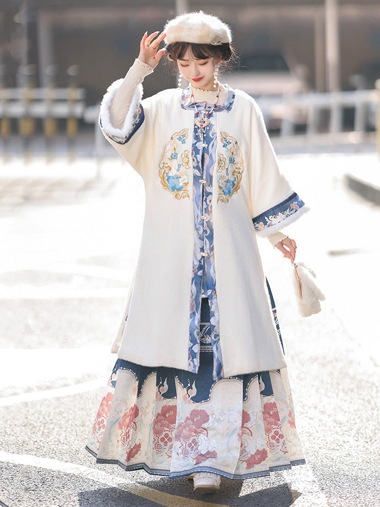 Square-Collar Front-Opening Top, Mamian Skirt, Thickened and Fleece-Lined with Embroidery