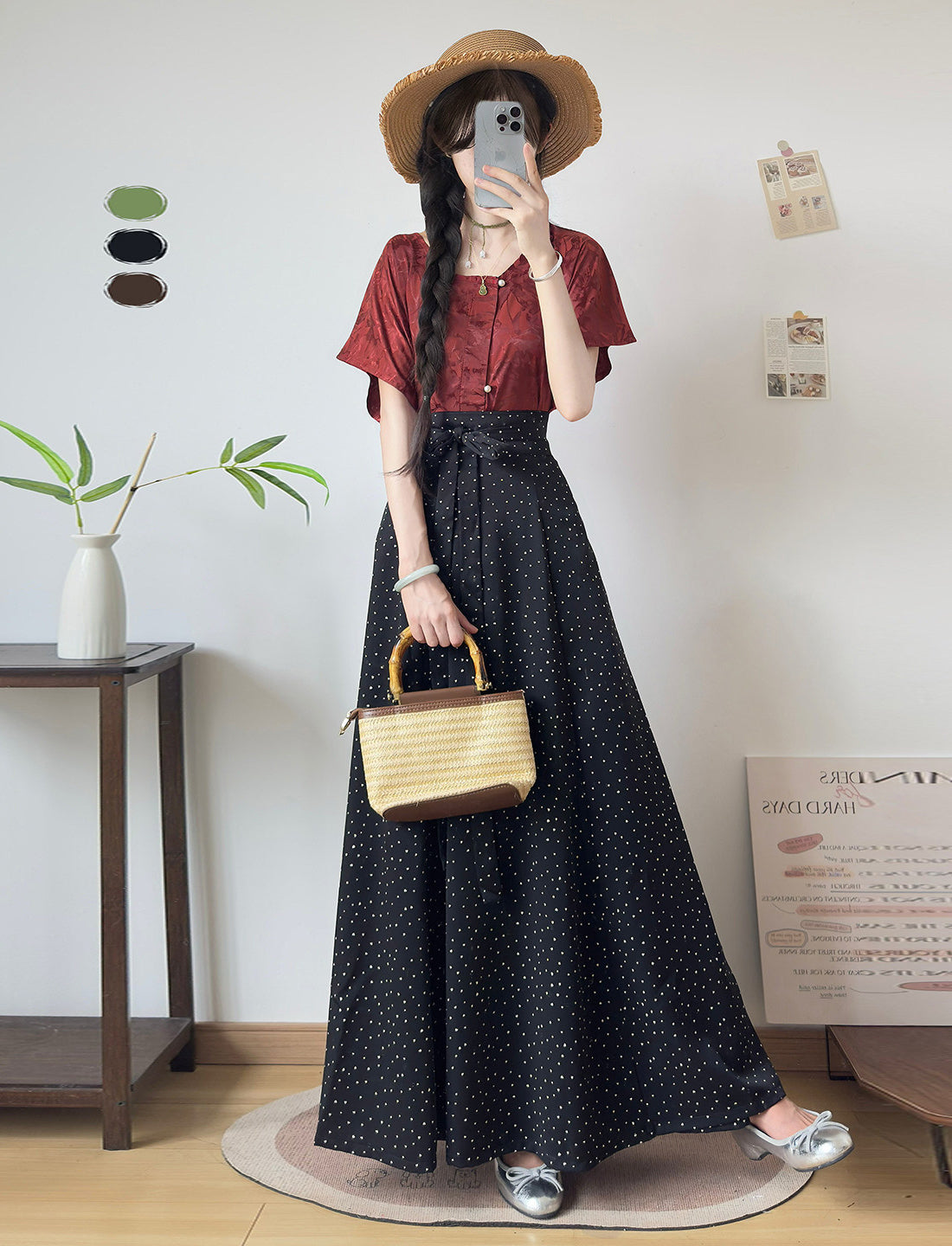 Modern Modified Hanfu Jacquard Short Sleeve Eight-Panel Skirt, Slimming Daily Commute Wear