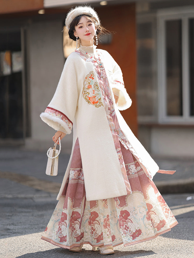 Square-Collar Front-Opening Top, Mamian Skirt, Thickened and Fleece-Lined with Embroidery