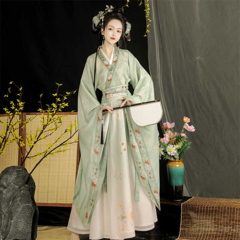 Ethereal Wei-Jin Hanfu Set for Women: 2026 New Cross-Collar Wide-Sleeve Top & Pleated Panel Ruqun Skirt