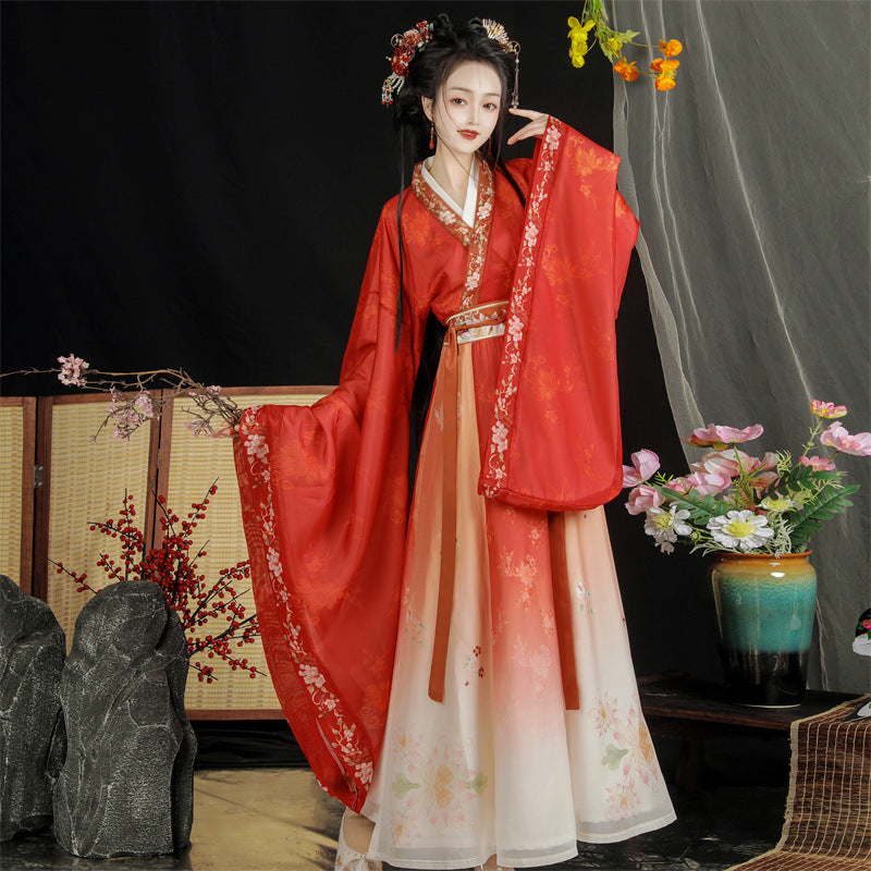 Ethereal Wei-Jin Hanfu Set for Women: 2026 New Cross-Collar Wide-Sleeve Top & Pleated Panel Ruqun Skirt